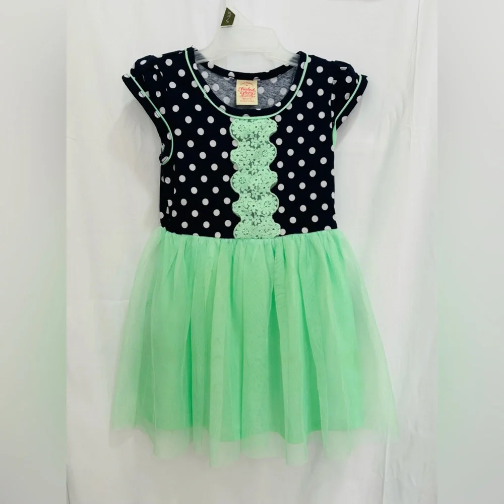 Faded Glory Girls 4/5 Short Sleeve Green/Blue Polka Dot‎ Chiffon Dress